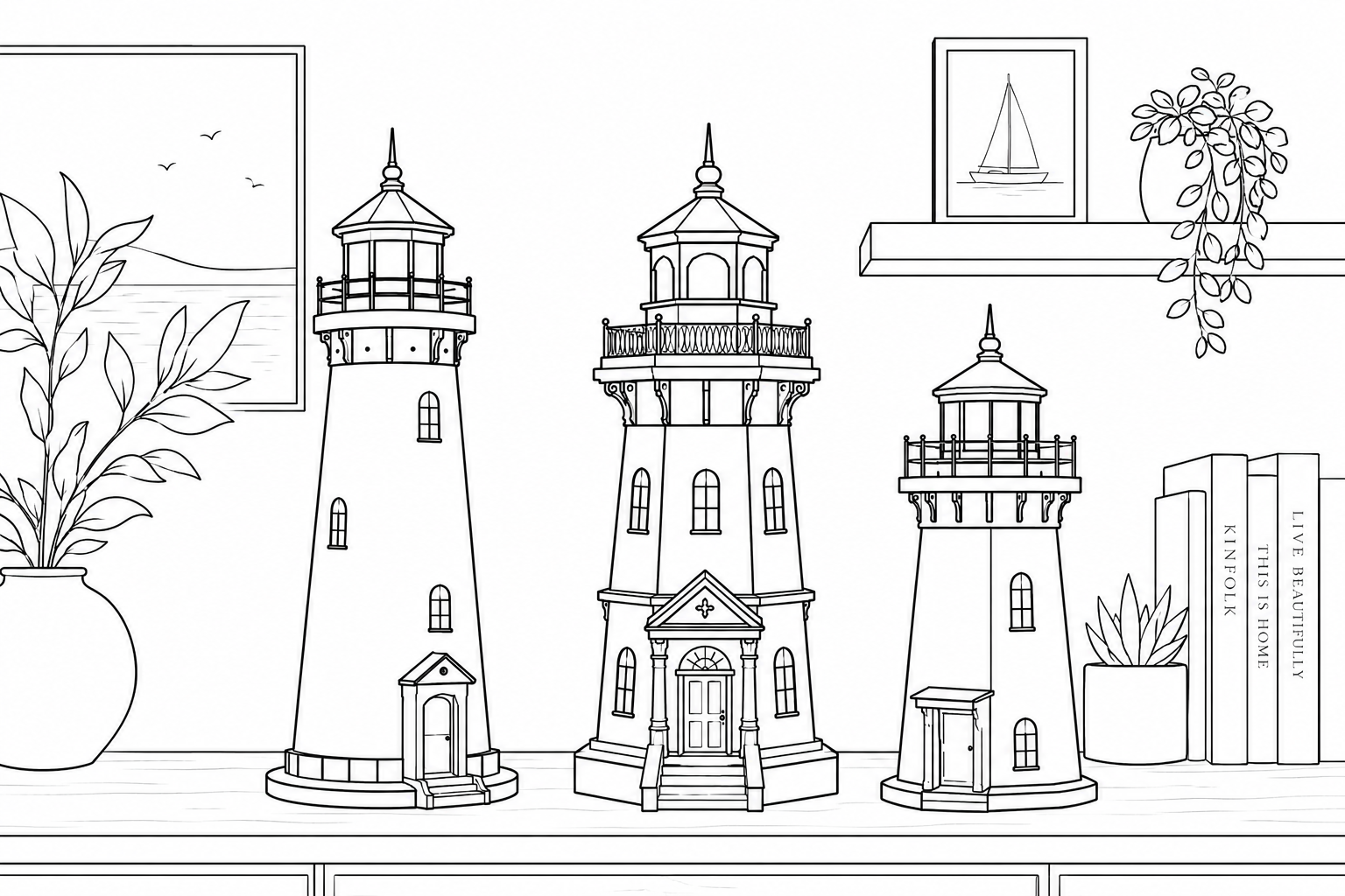 Glowing handcrafted wooden lighthouse lamps in the Everwood workshop