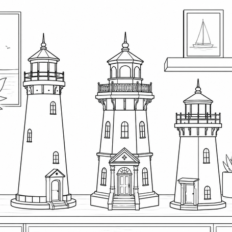 Glowing handcrafted wooden lighthouse lamps in the Everwood workshop