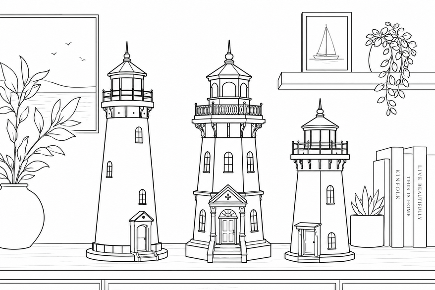 Glowing handcrafted wooden lighthouse lamps in the Everwood workshop