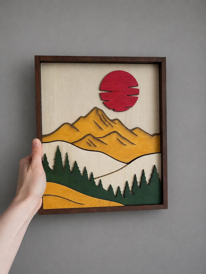 Layered Mountain Sunset Wooden Wall Art