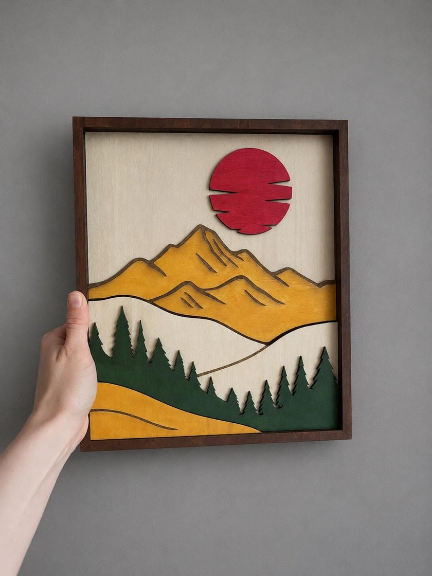 Layered Mountain Sunset Wooden Wall Art