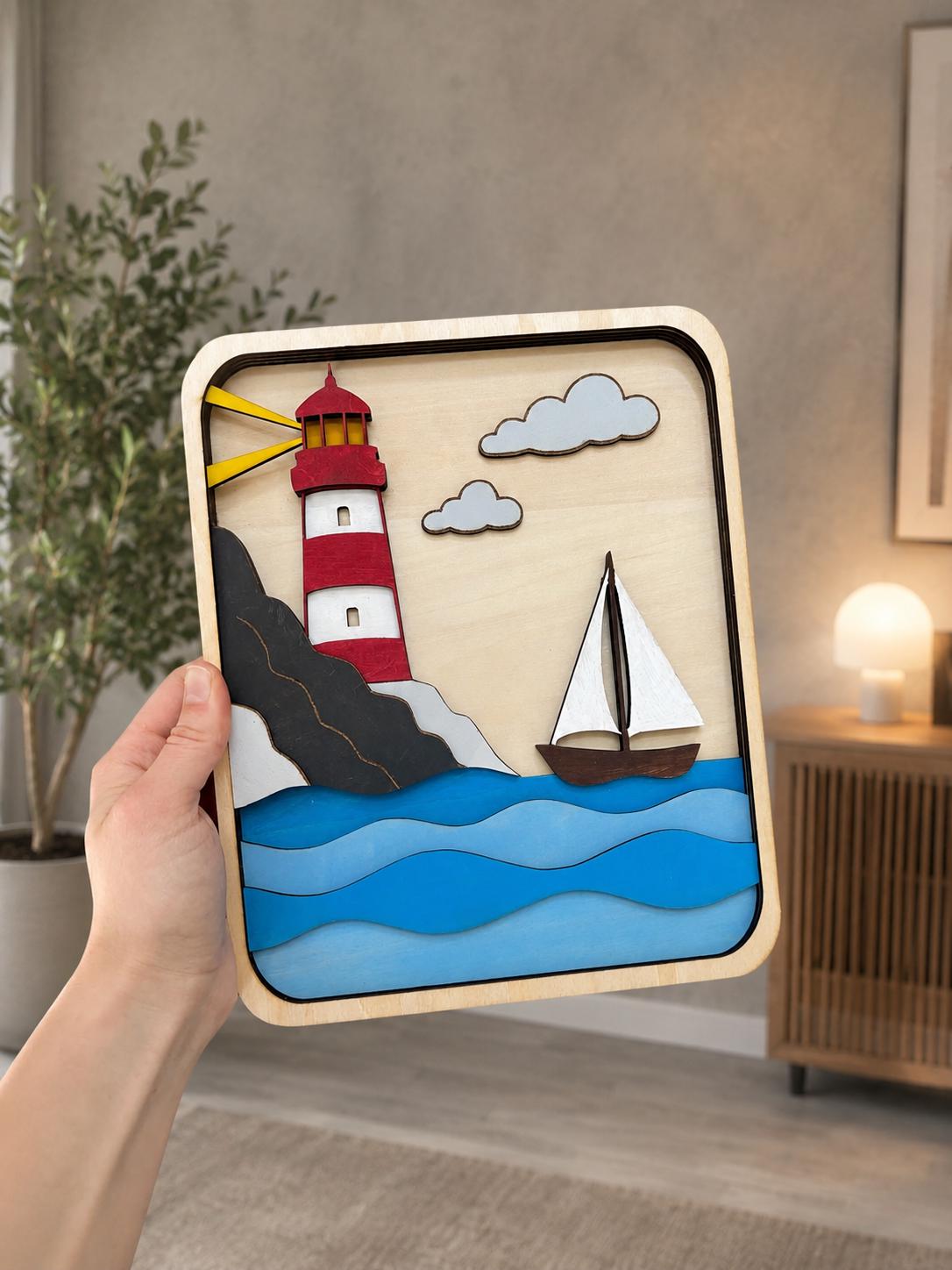 Layered Wooden Lighthouse Wall Art