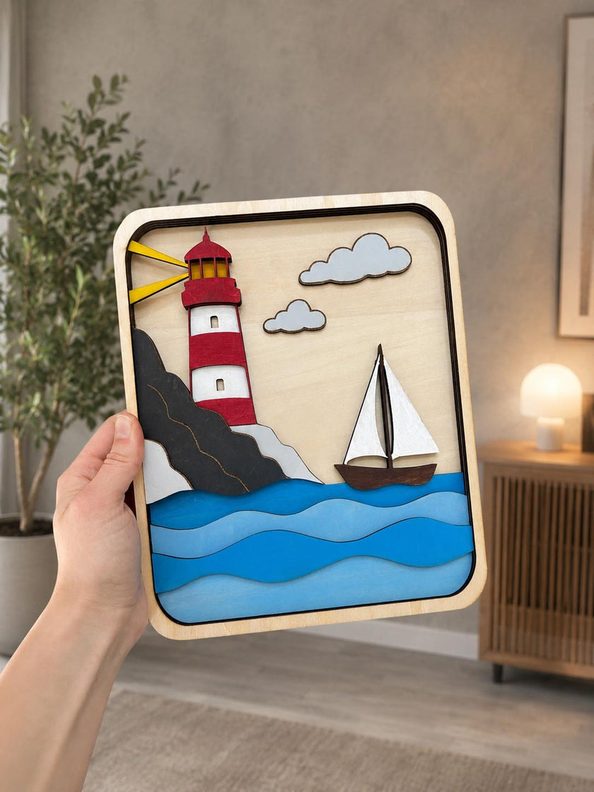 Layered Wooden Lighthouse Wall Art