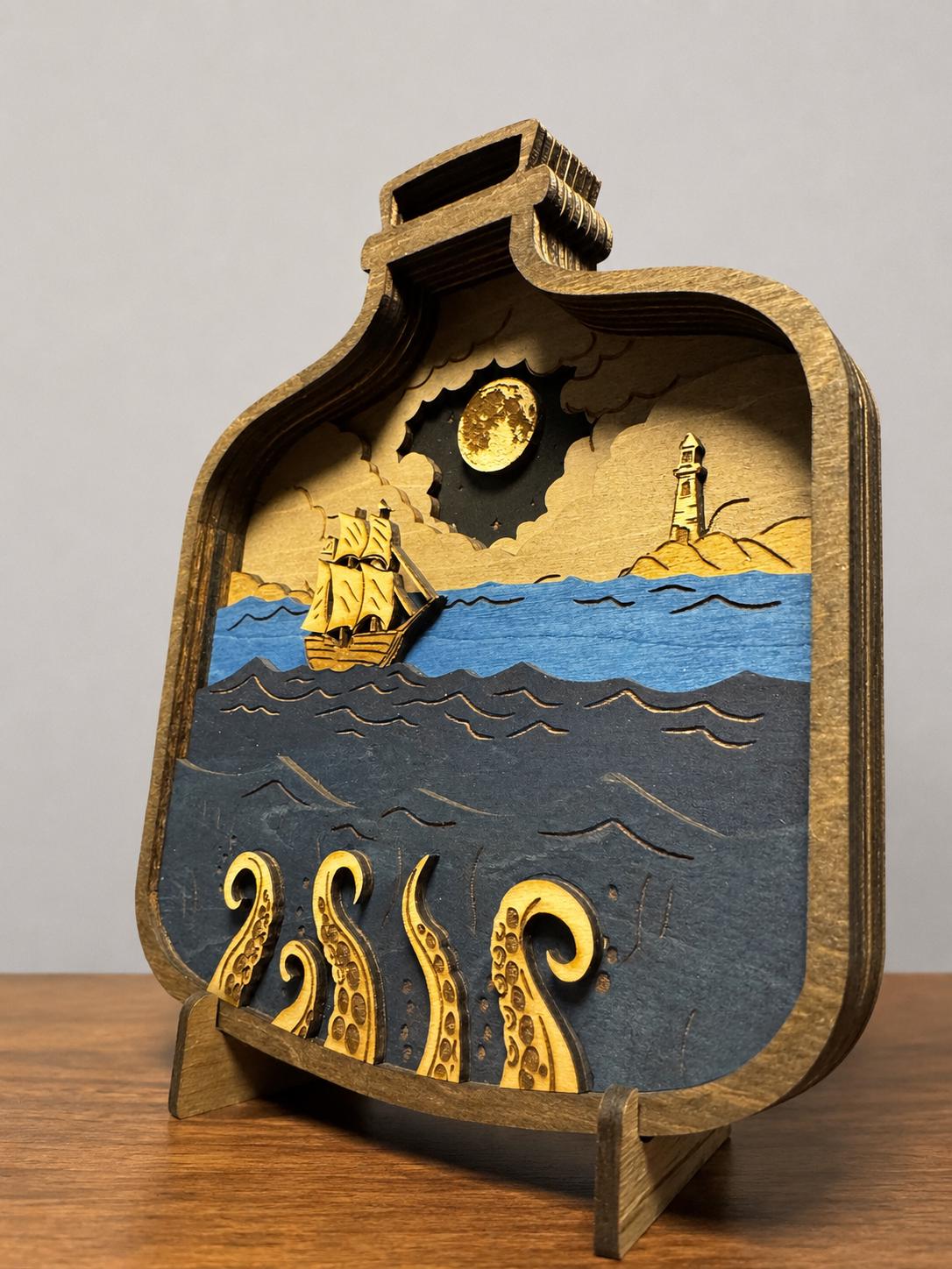 Wooden Ship in a Bottle with Kraken – 8 Layer Nautical Wood Art
