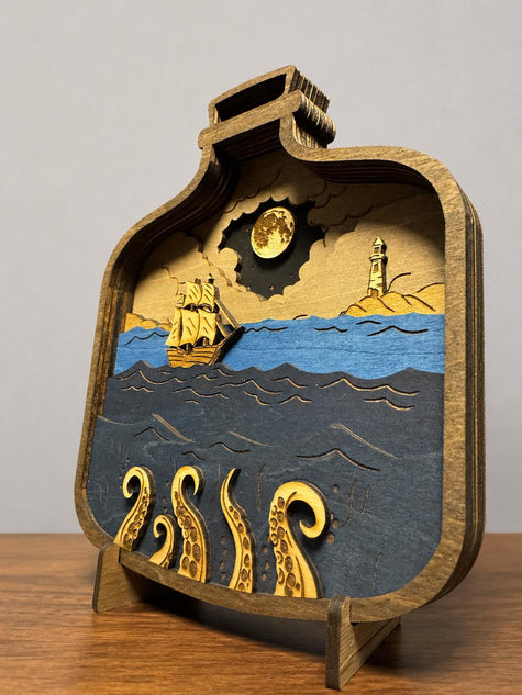 Wooden Ship in a Bottle with Kraken – 8 Layer Nautical Wood Art