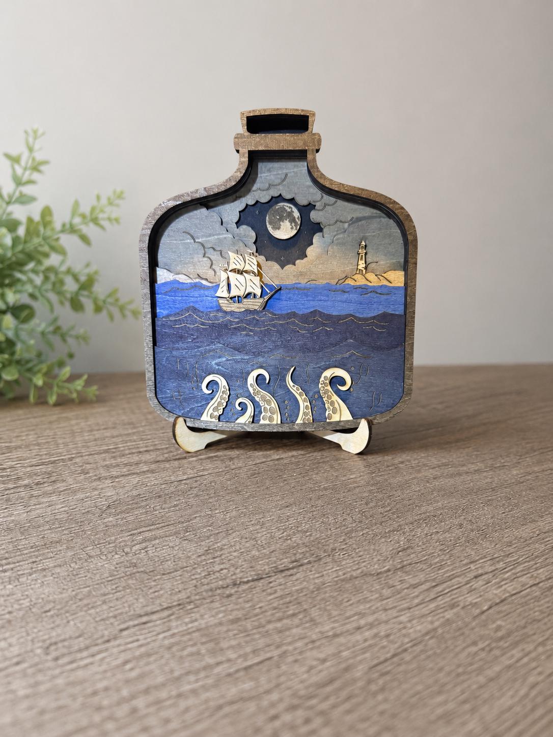 Wooden Ship in a Bottle with Kraken – 8 Layer Nautical Wood Art