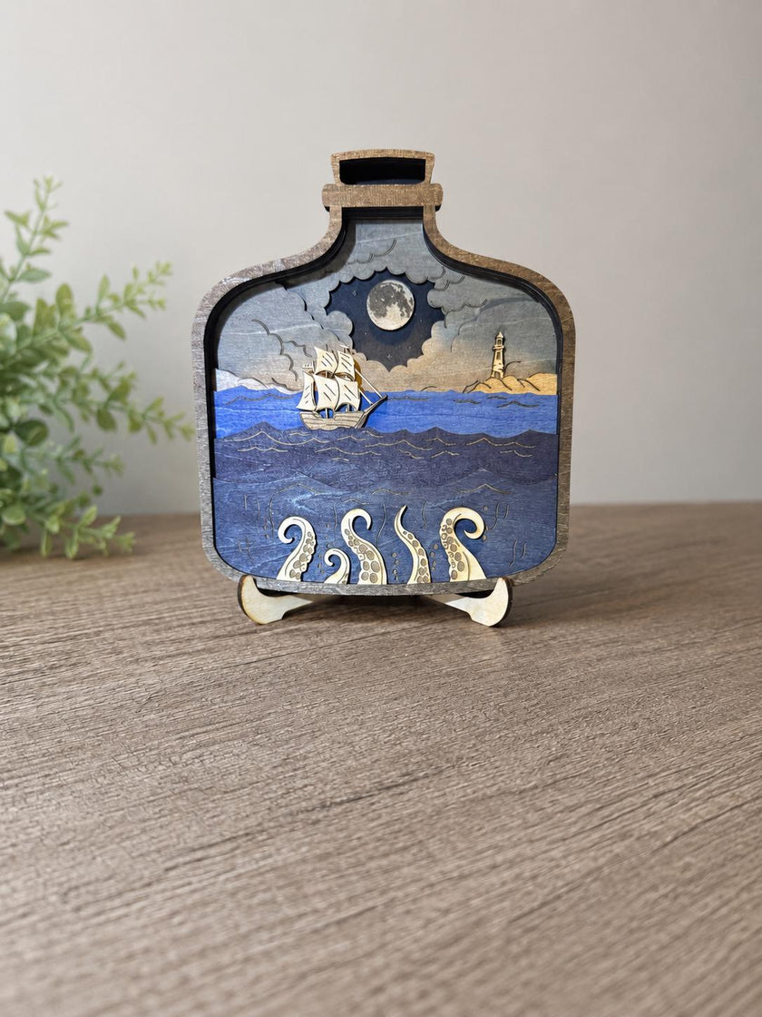 Wooden Ship in a Bottle with Kraken – 8 Layer Nautical Wood Art