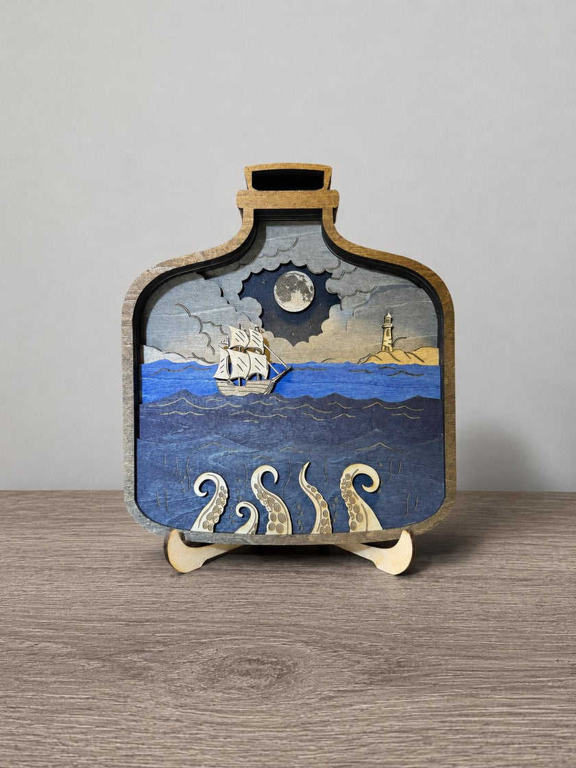Wooden Ship in a Bottle with Kraken – 8 Layer Nautical Wood Art