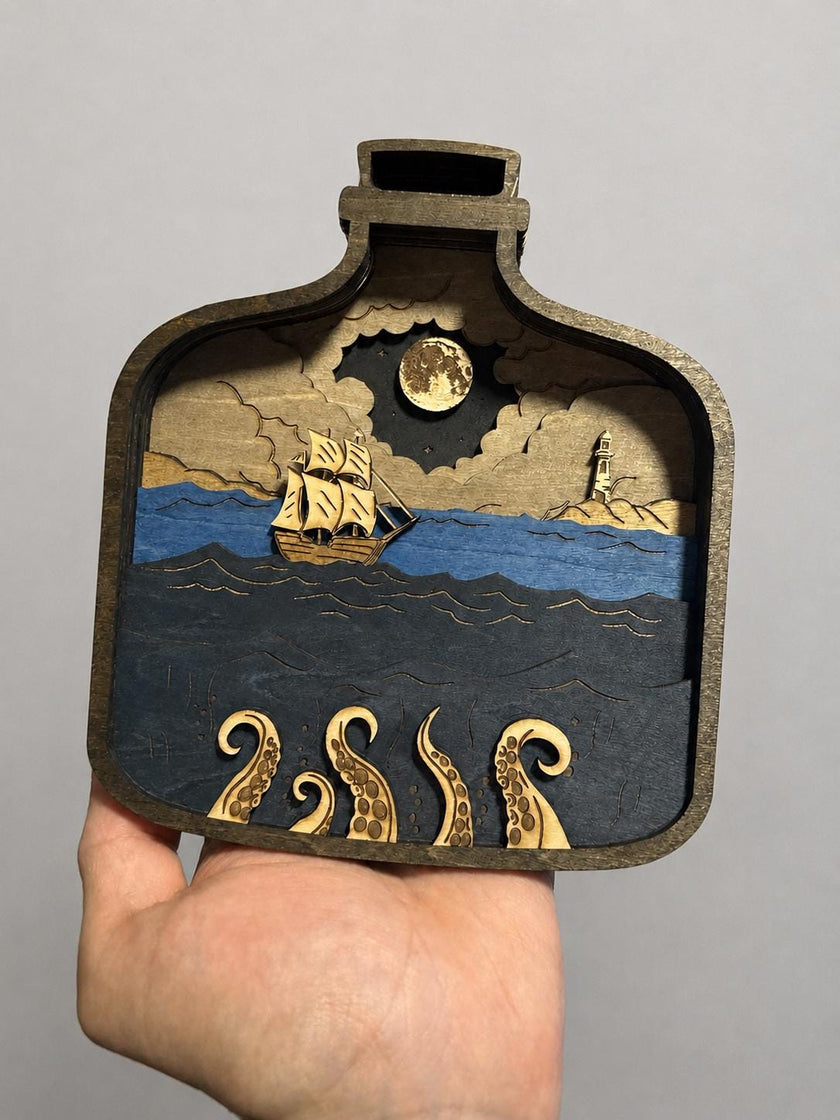 Wooden Ship in a Bottle with Kraken – 8 Layer Nautical Wood Art