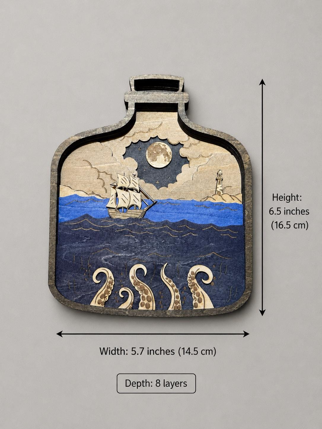 Wooden Ship in a Bottle with Kraken – 8 Layer Nautical Wood Art
