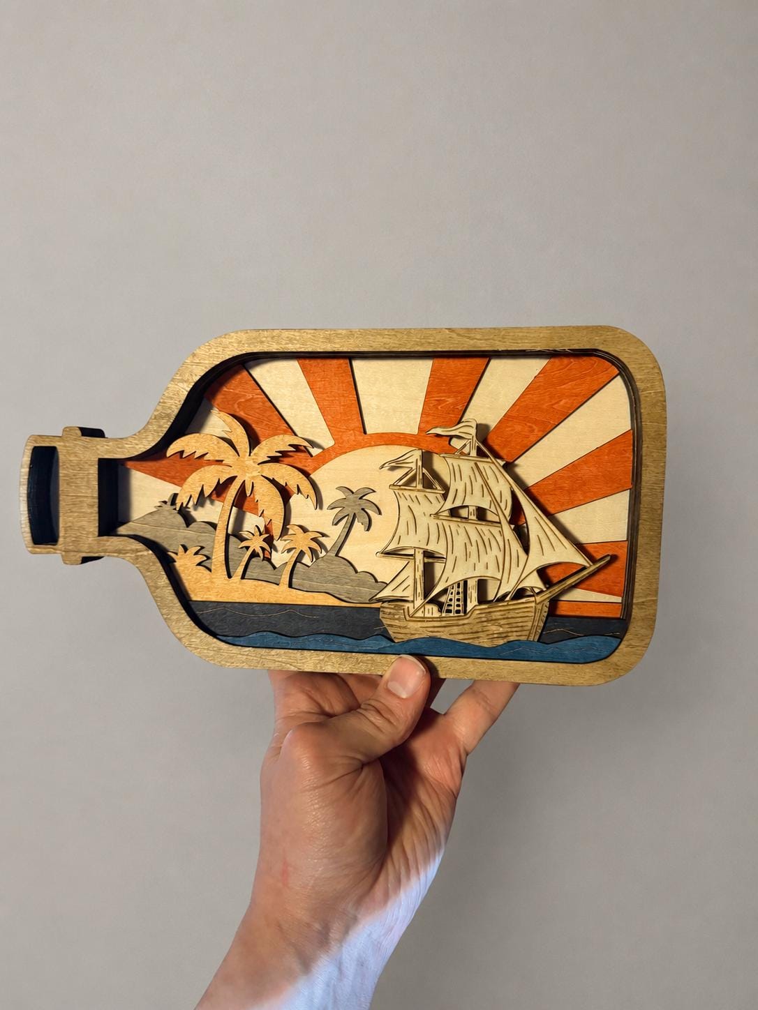 Wooden Ship in a Bottle – Laser Cut Layered Sailing Ship Art