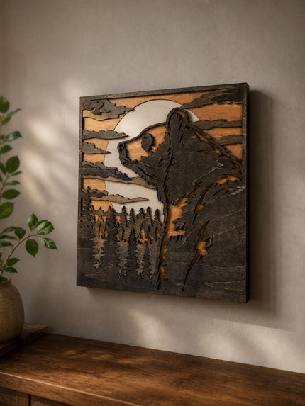 Layered Bear and Forest Wooden Wall Art
