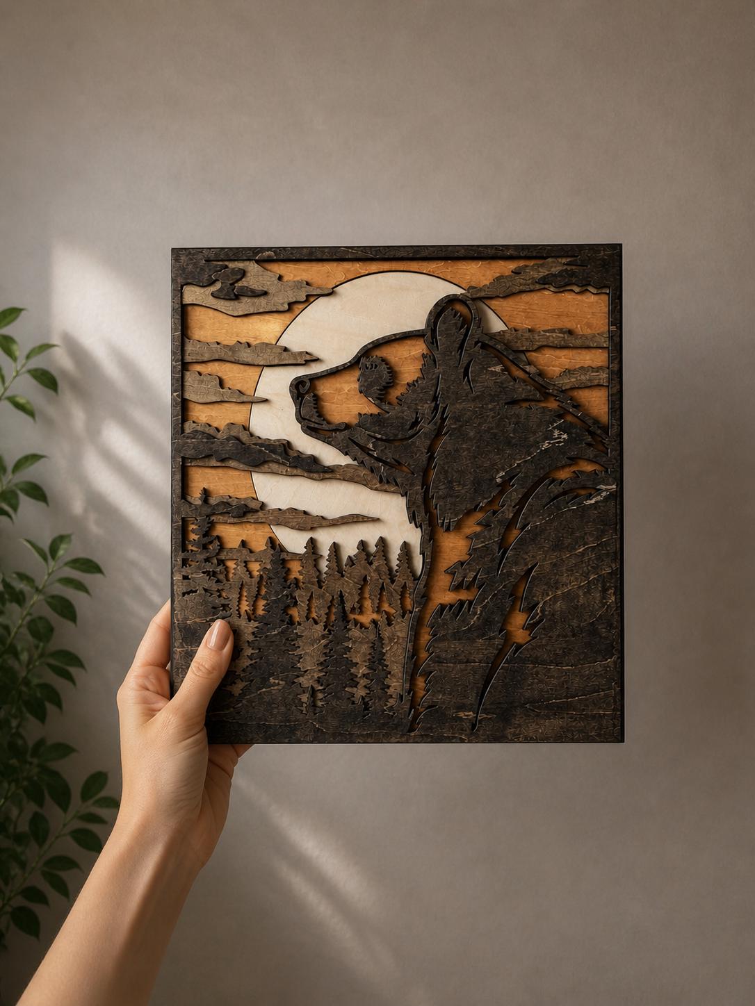 Layered Bear and Forest Wooden Wall Art