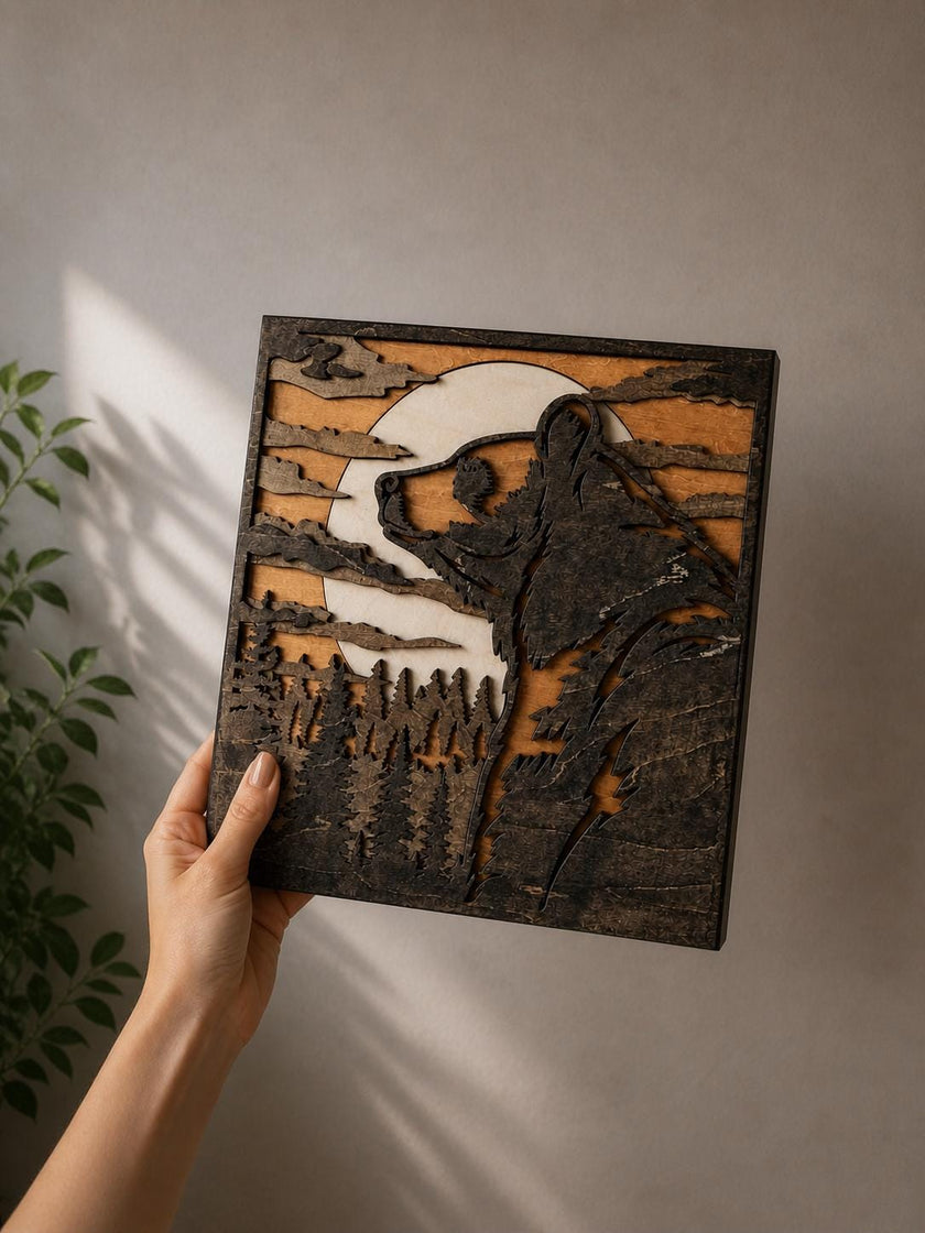 Layered Bear and Forest Wooden Wall Art