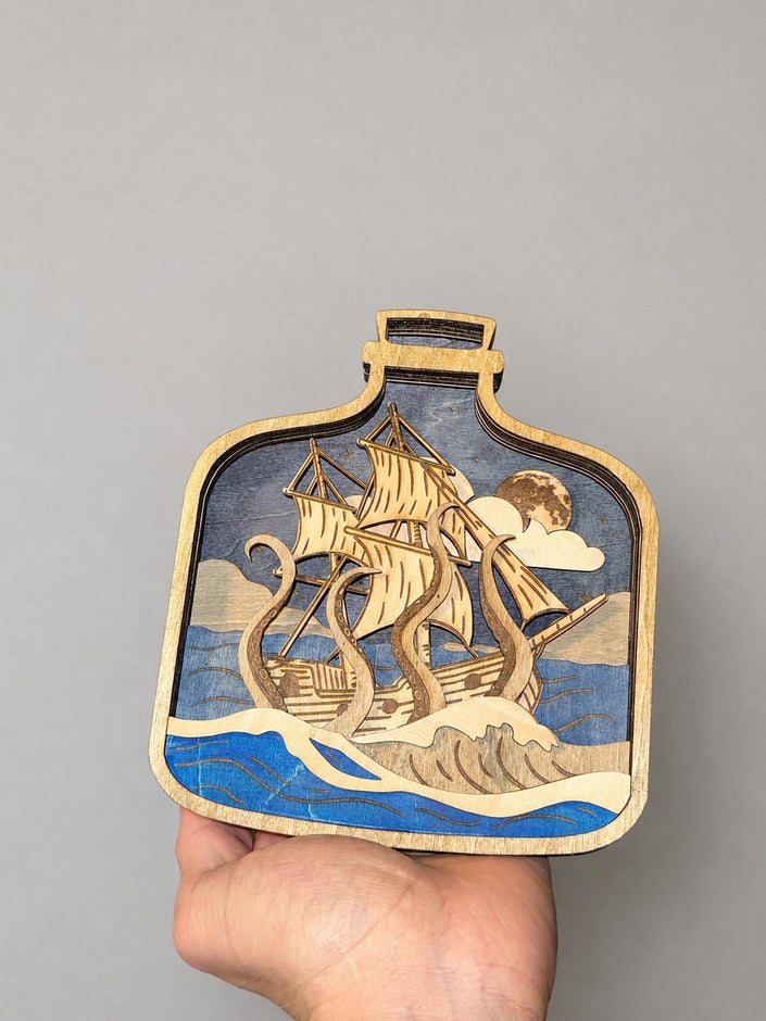 Kraken Ship in a Bottle Wall Art – Layered Wooden Pirate Decor