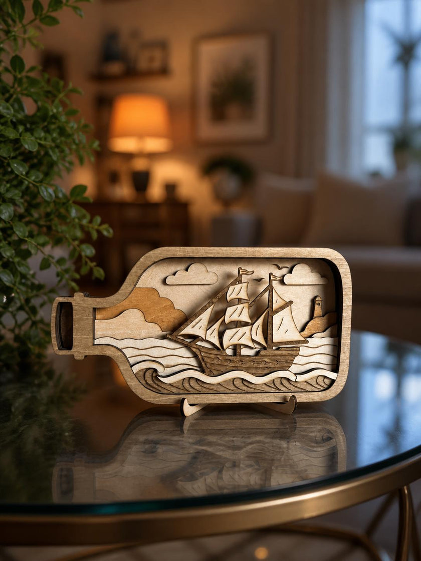 Wooden Ship in Bottle Decor – Layered Nautical Art