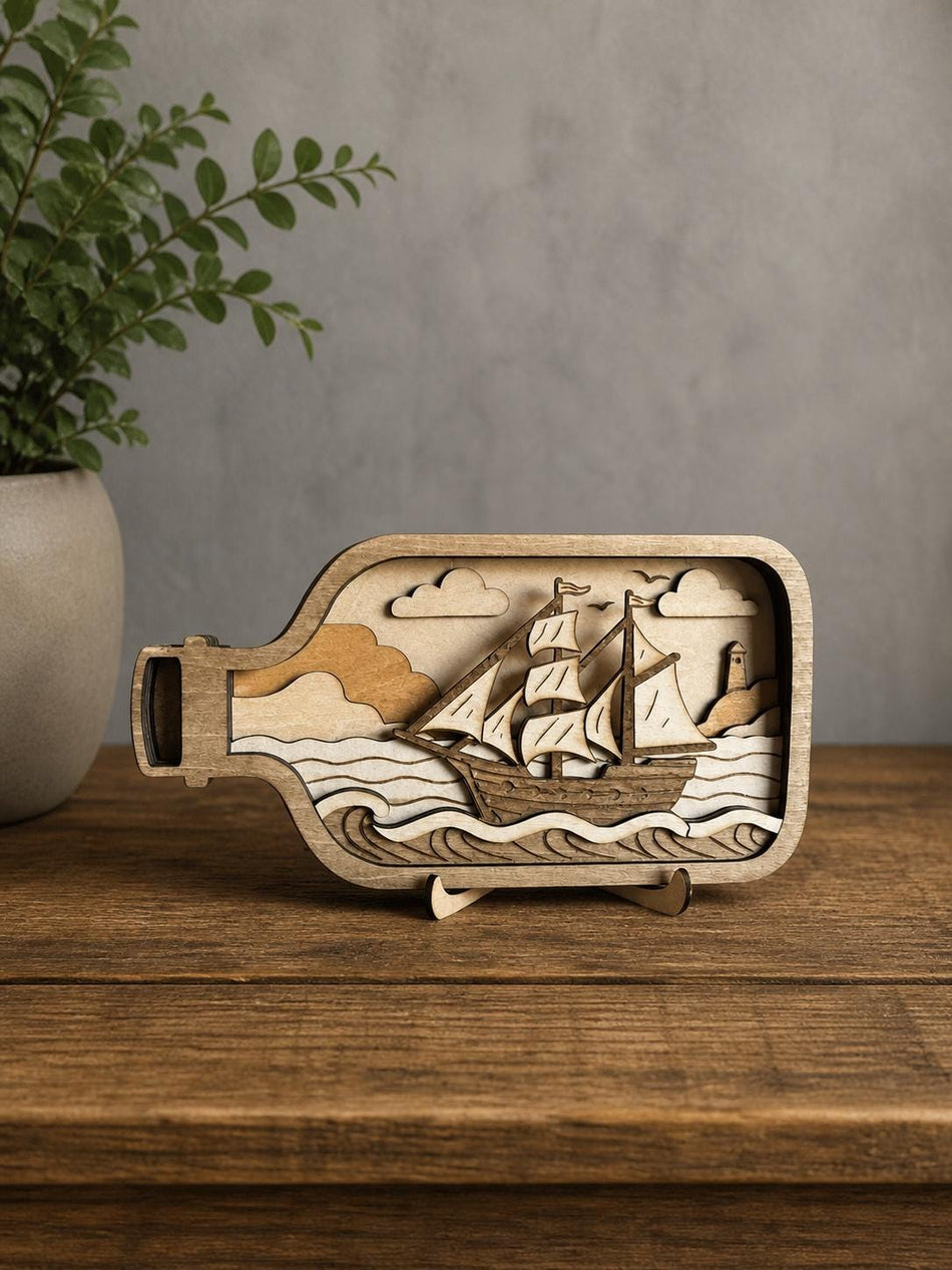 Wooden Ship in Bottle Decor – Layered Nautical Art