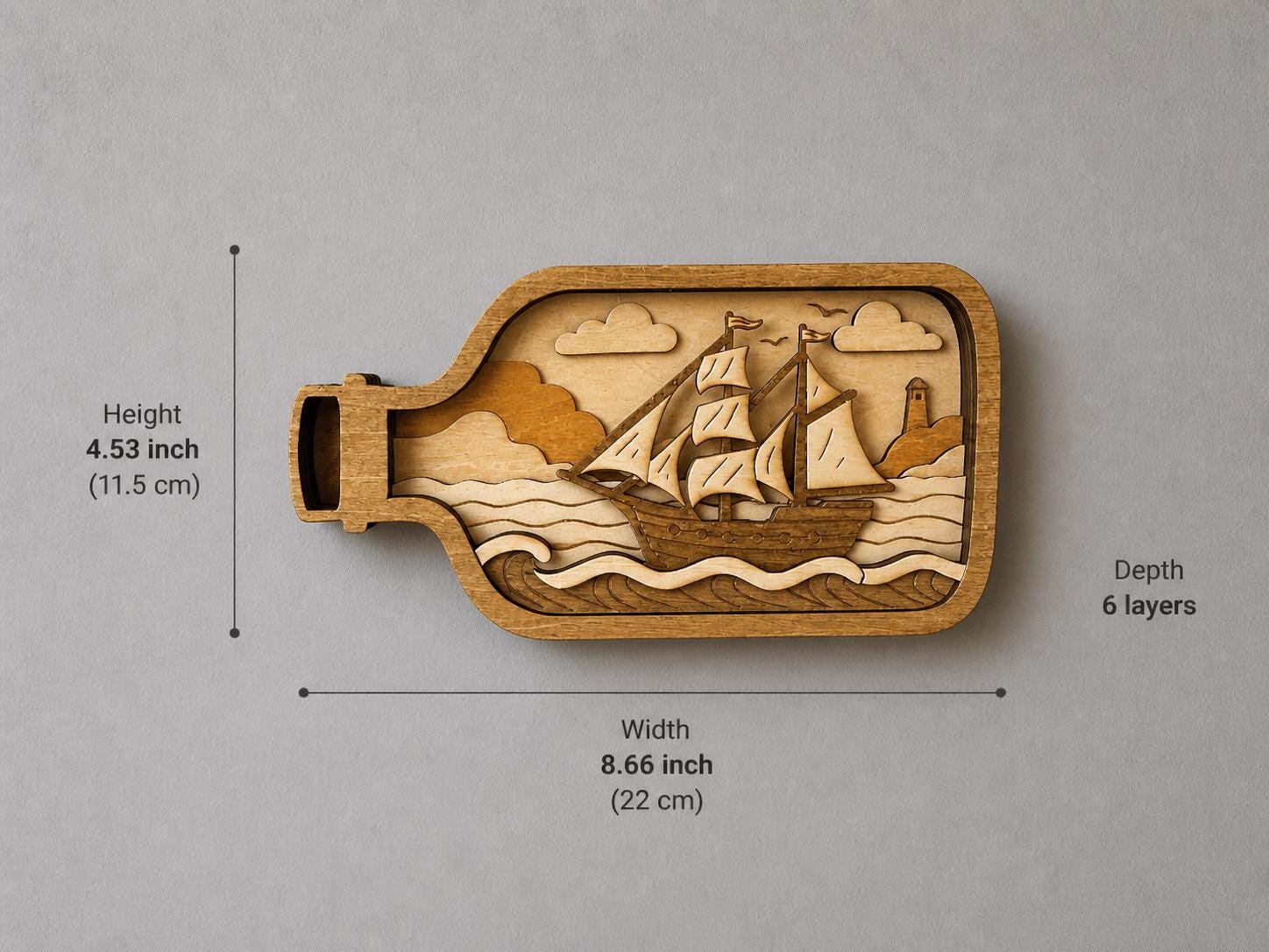 Wooden Ship in Bottle Decor – Layered Nautical Art
