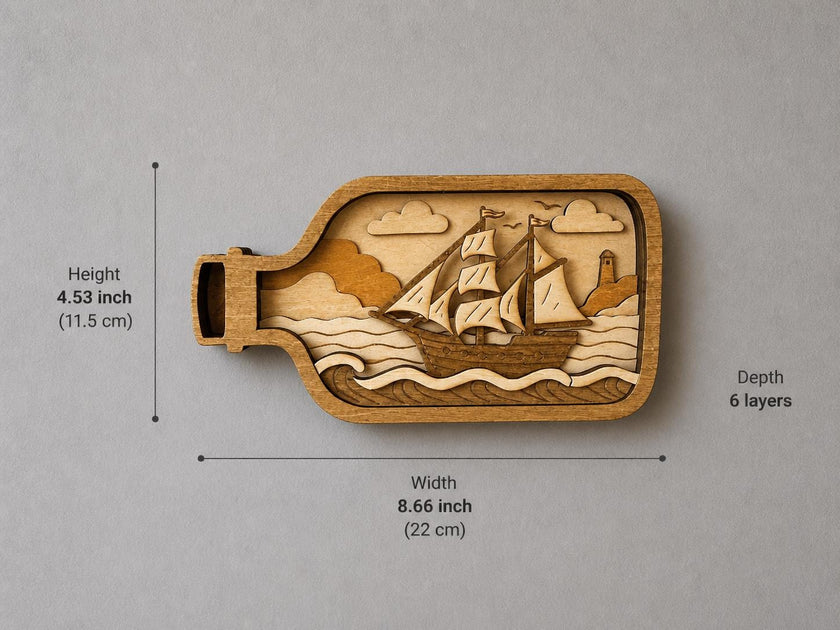 Wooden Ship in Bottle Decor – Layered Nautical Art