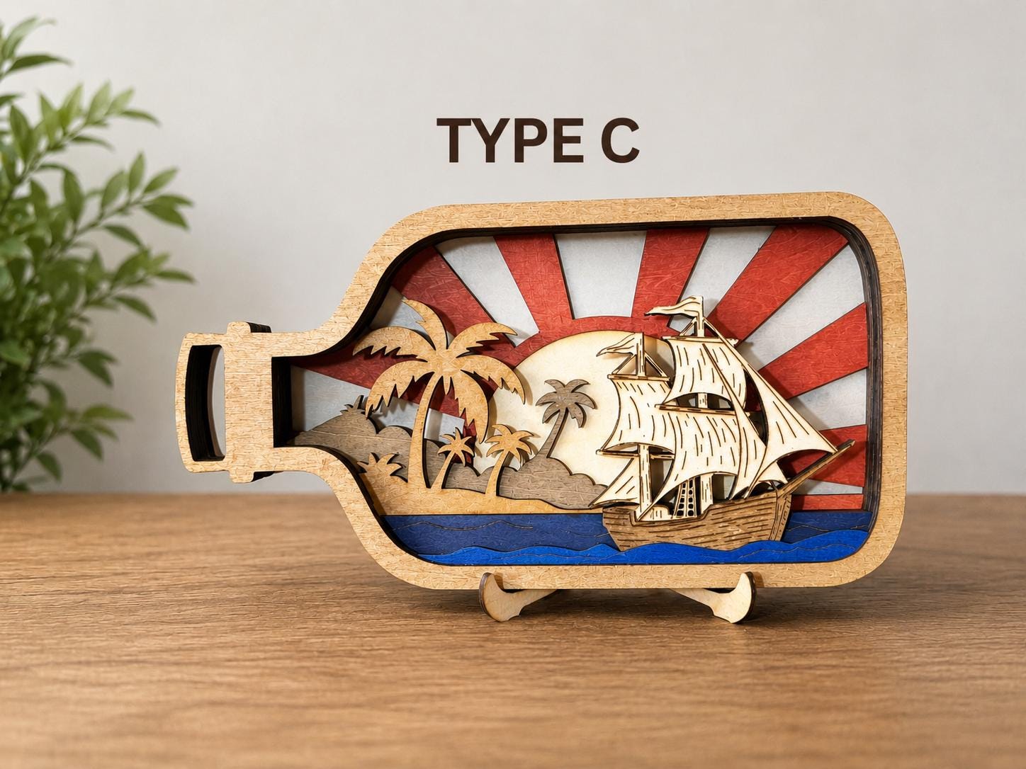 Wooden Ship in Bottle Decor – Layered Nautical Art