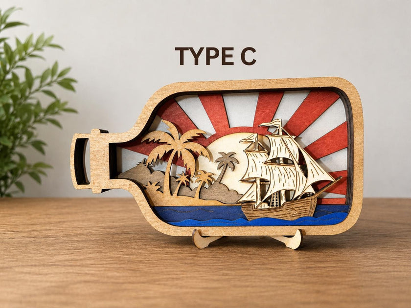 Wooden Ship in Bottle Decor – Layered Nautical Art