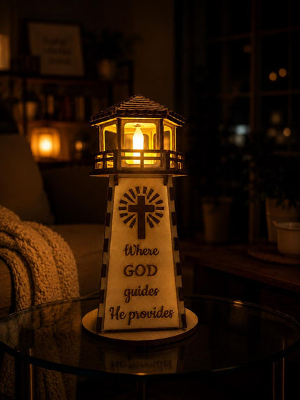Faith Lighthouse Wooden Lamp with LED Candle