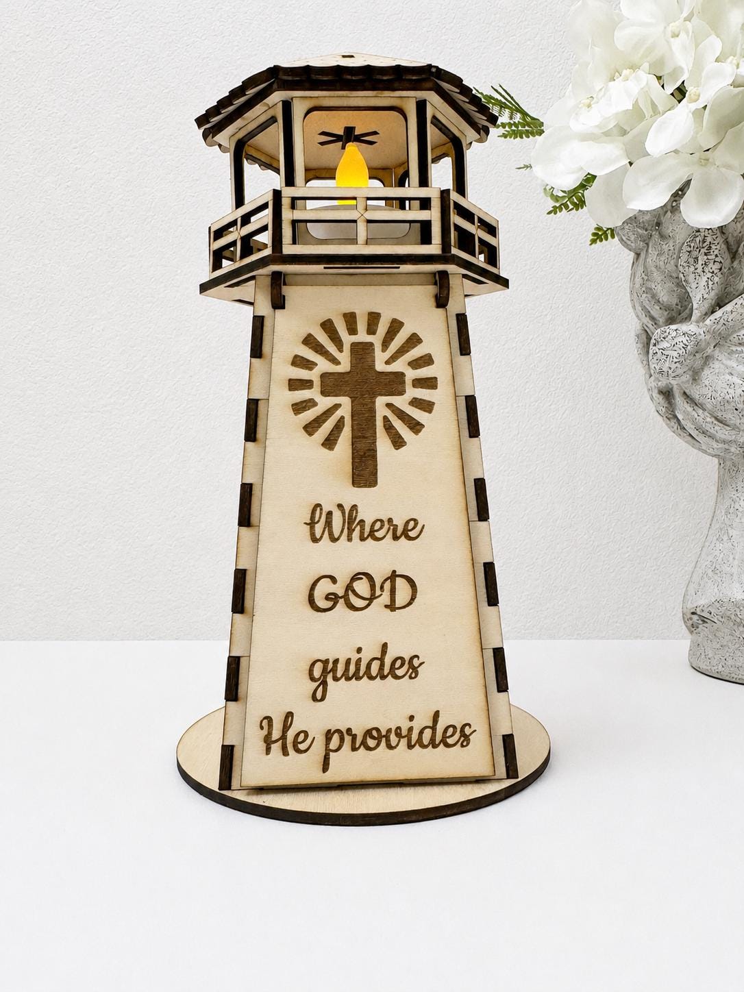 Faith Lighthouse Wooden Lamp with LED Candle