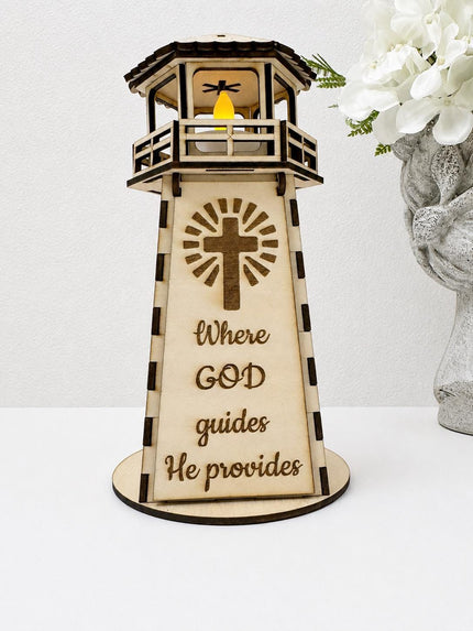 Faith Lighthouse Wooden Lamp with LED Candle