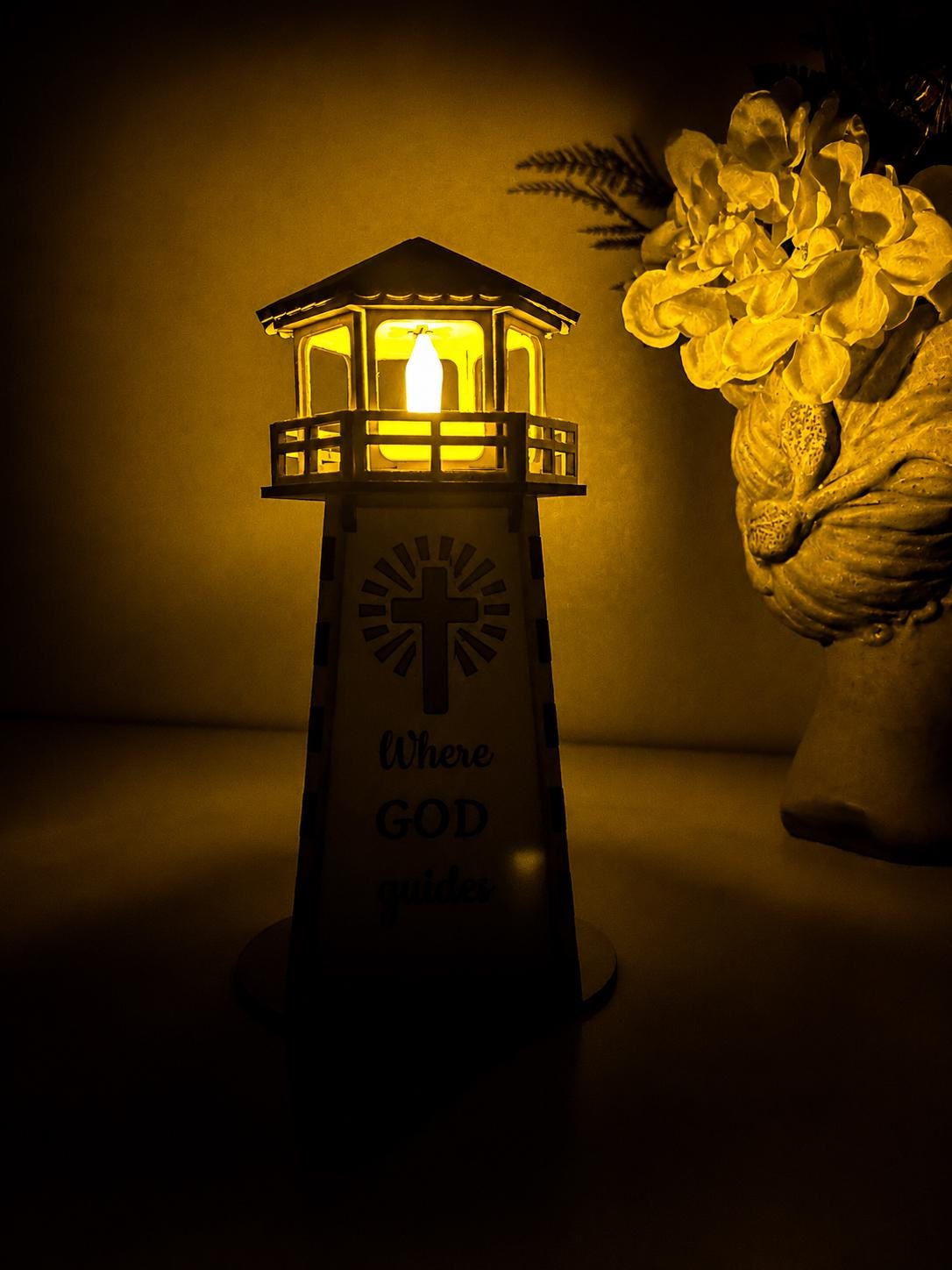 Faith Lighthouse Wooden Lamp with LED Candle