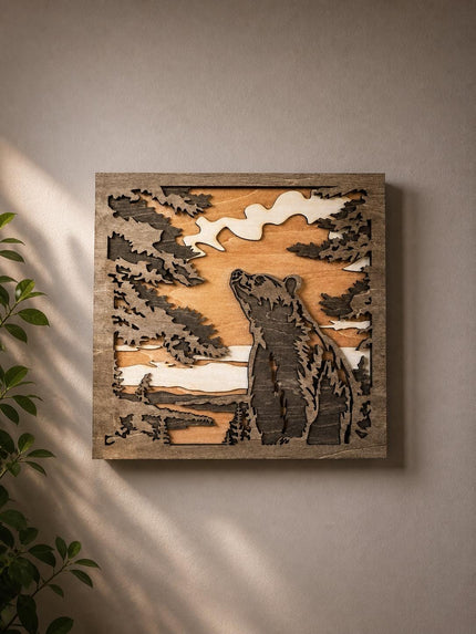 Bear Wall Art Wooden – Rustic Forest Scene Decor