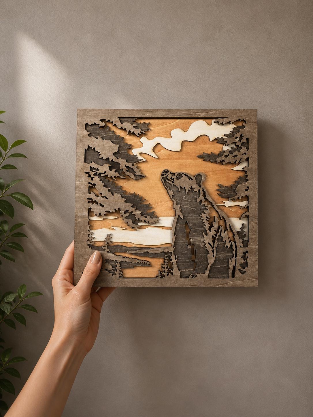 Bear Wall Art Wooden – Rustic Forest Scene Decor