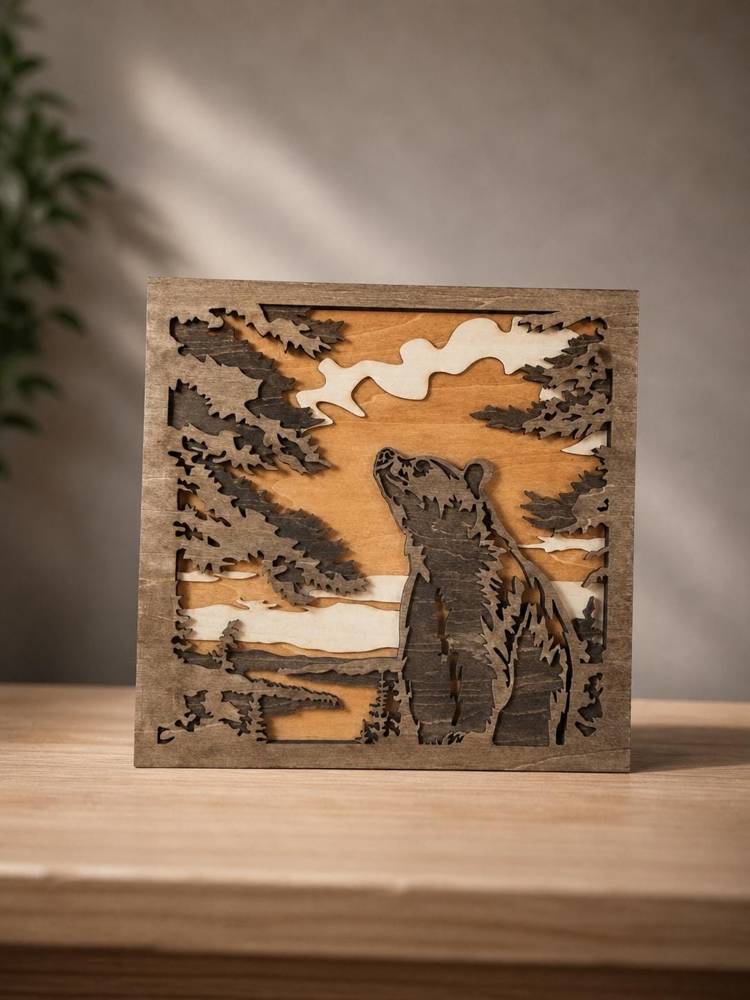 Bear Wall Art Wooden – Rustic Forest Scene Decor