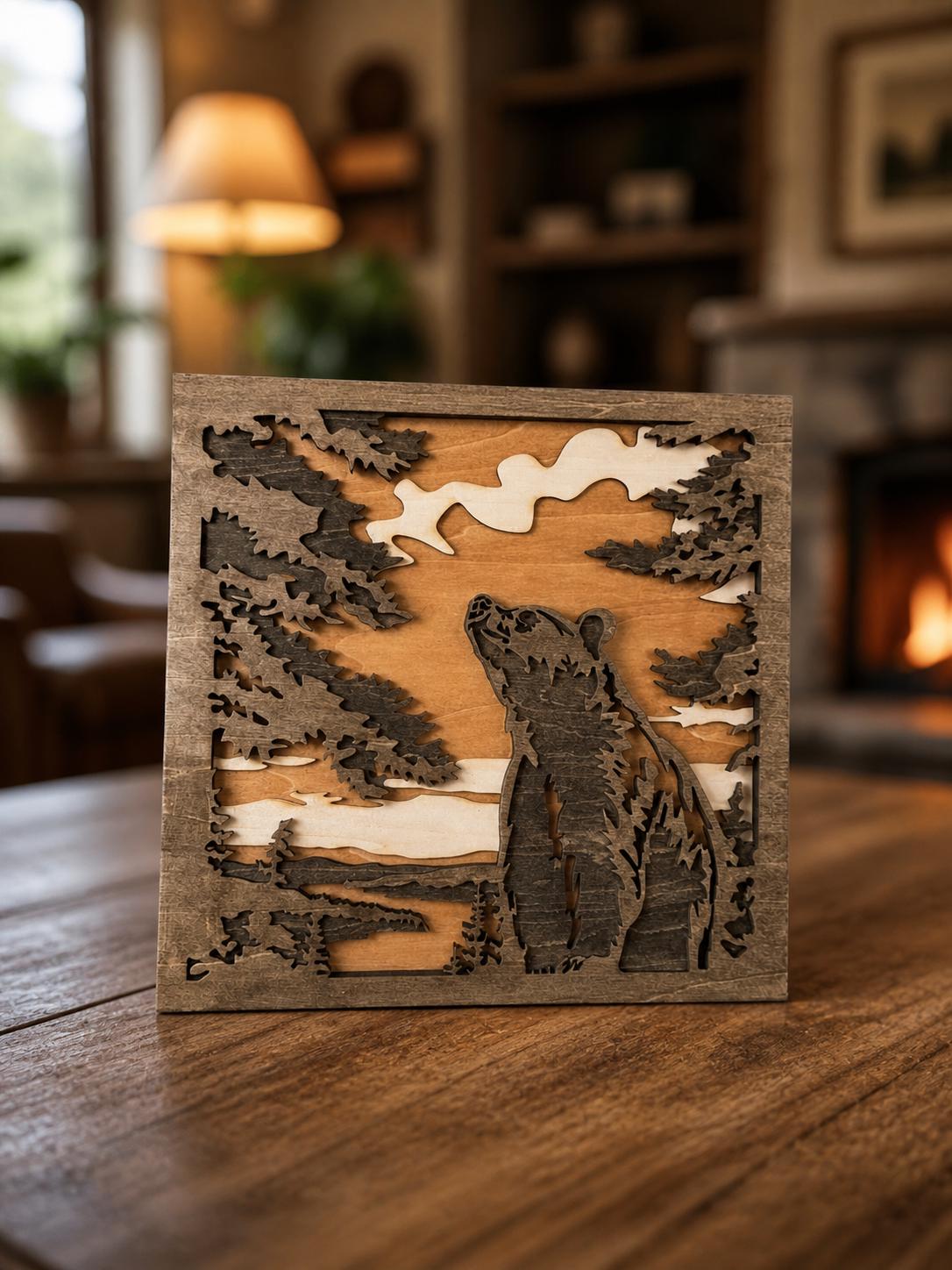 Bear Wall Art Wooden – Rustic Forest Scene Decor