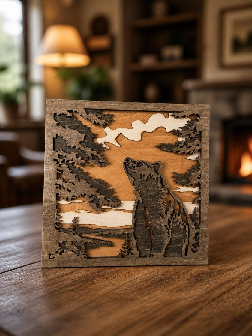 Bear Wall Art Wooden – Rustic Forest Scene Decor