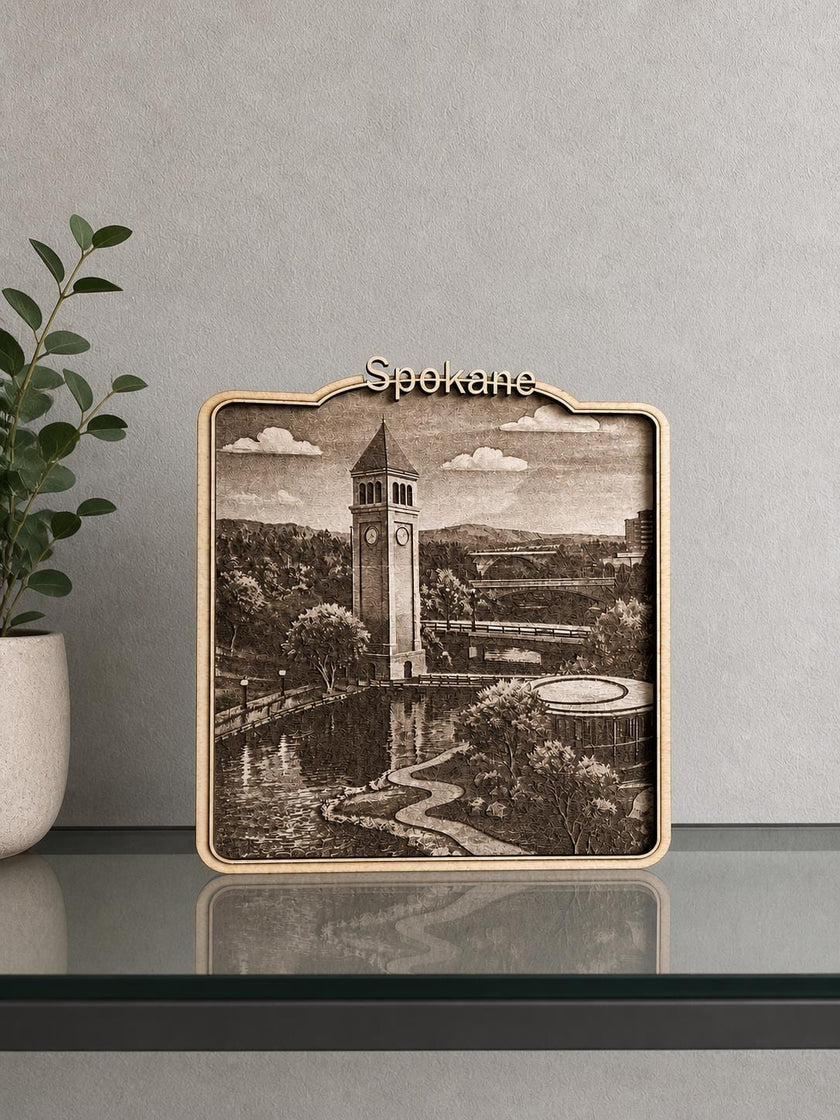 Spokane Clock Tower Wood Engraving