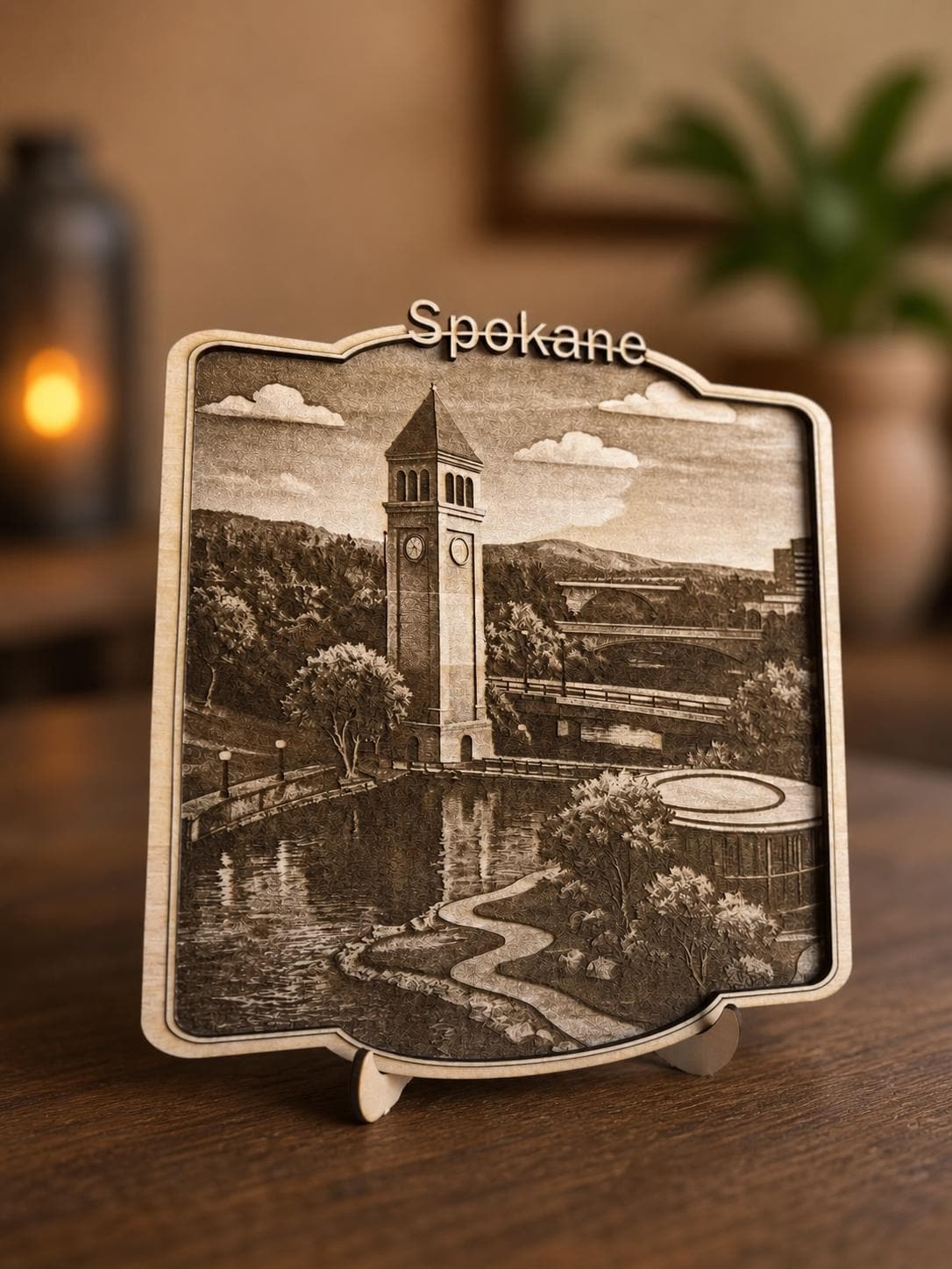 Spokane Clock Tower Wood Engraving