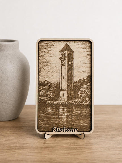 Spokane Clock Tower River Scene Wood Engraving