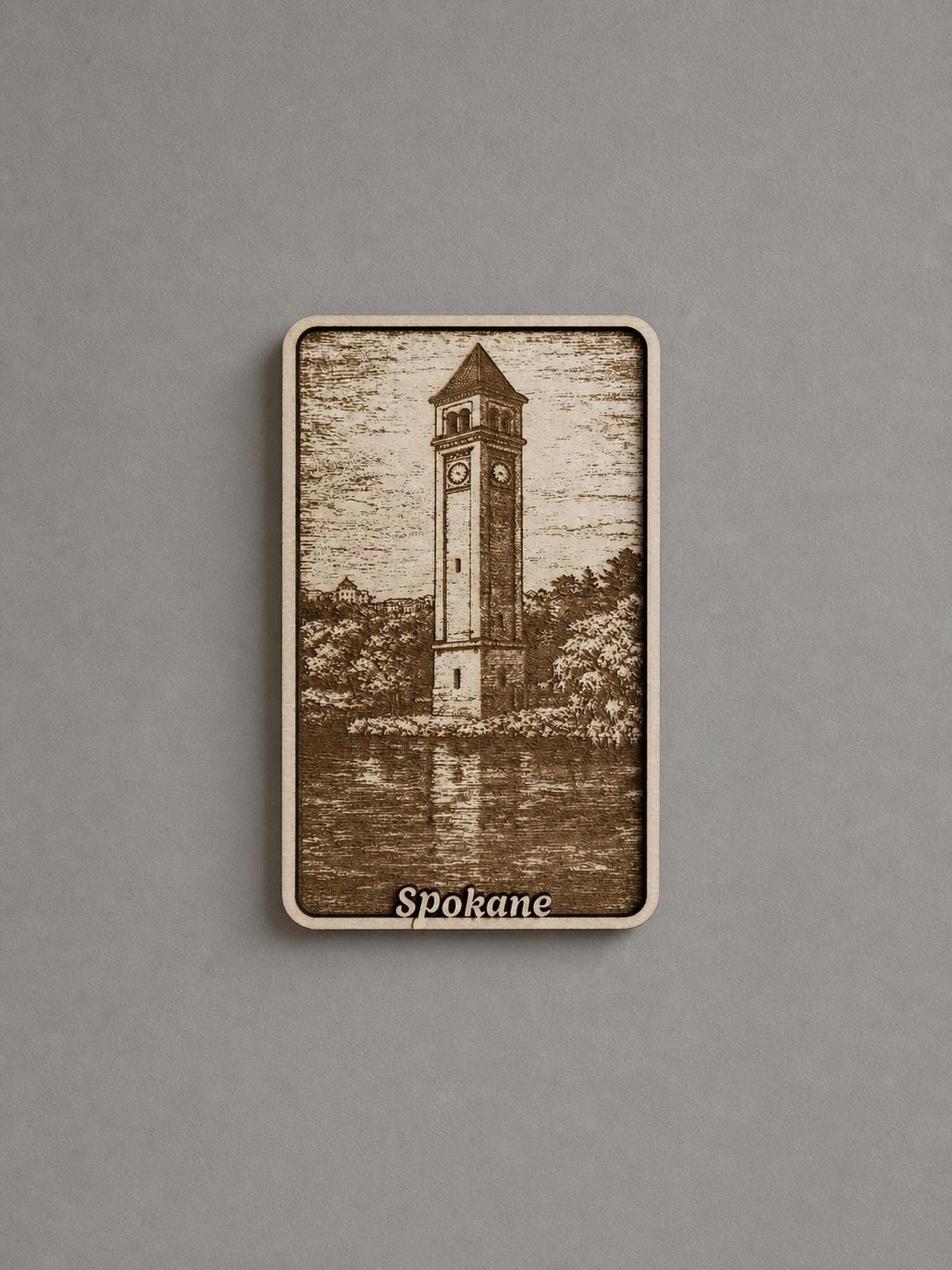 Spokane Clock Tower River Scene Wood Engraving