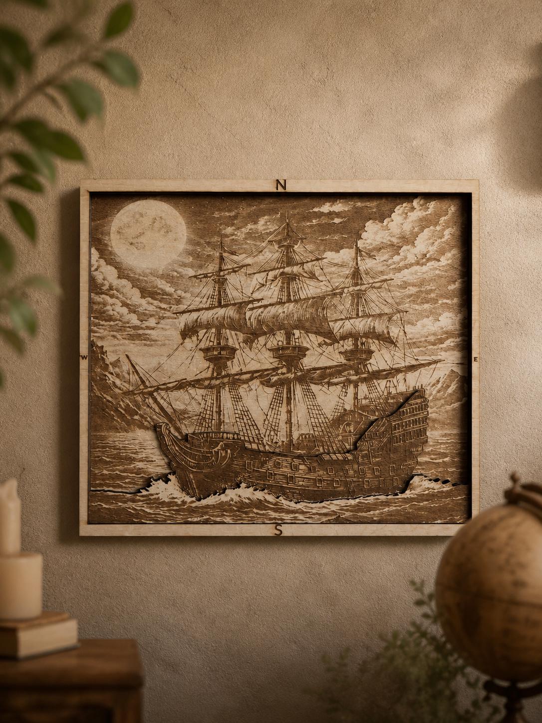 Layered Wooden Pirate Ship Wall Art