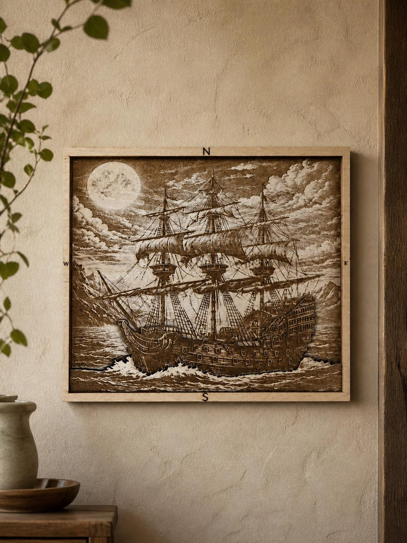 Layered Wooden Pirate Ship Wall Art