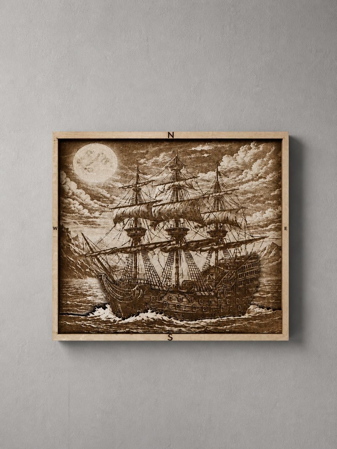 Layered Wooden Pirate Ship Wall Art