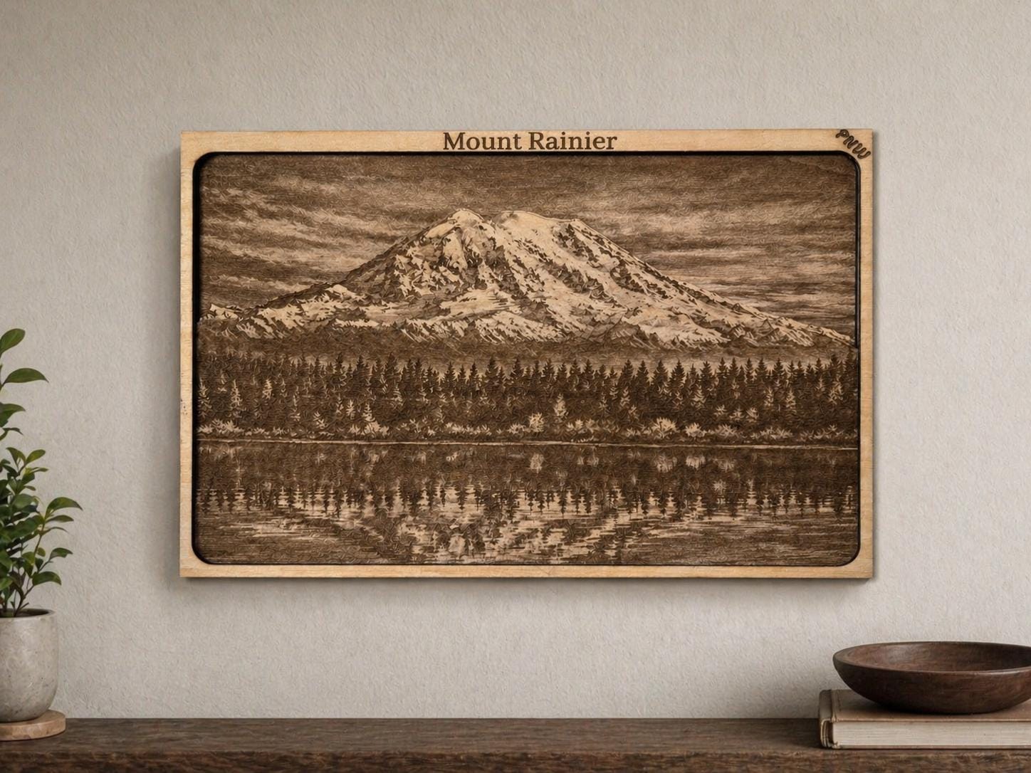 Layered Mount Rainier Wood Engraving