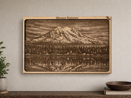Layered Mount Rainier Wood Engraving