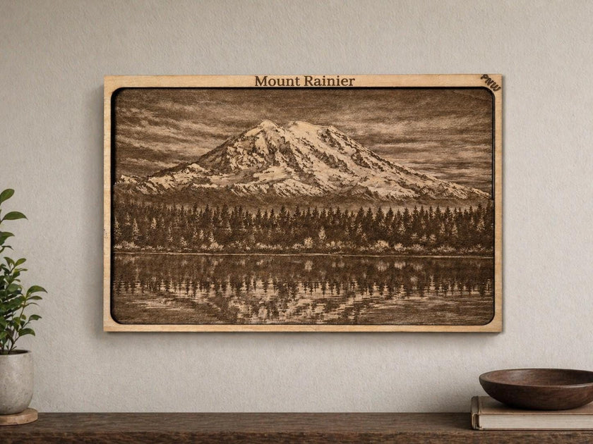 Layered Mount Rainier Wood Engraving