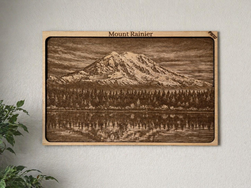 Layered Mount Rainier Wood Engraving