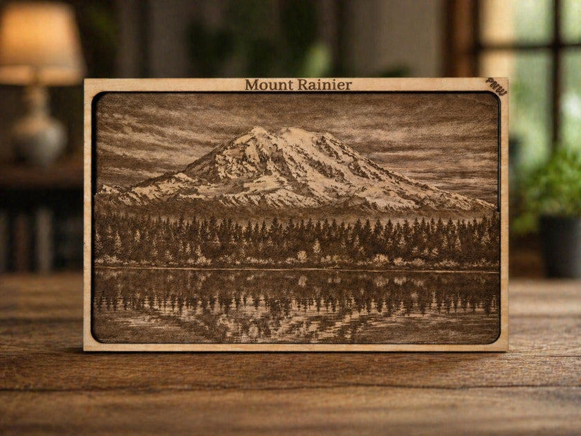 Layered Mount Rainier Wood Engraving