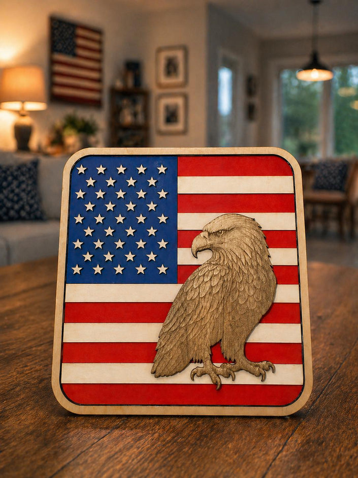 Layered Wooden American Flag with Eagle