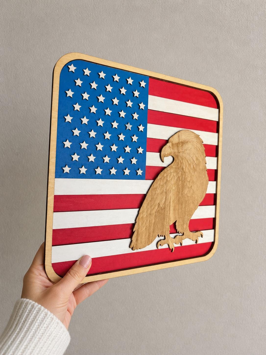 Layered Wooden American Flag with Eagle