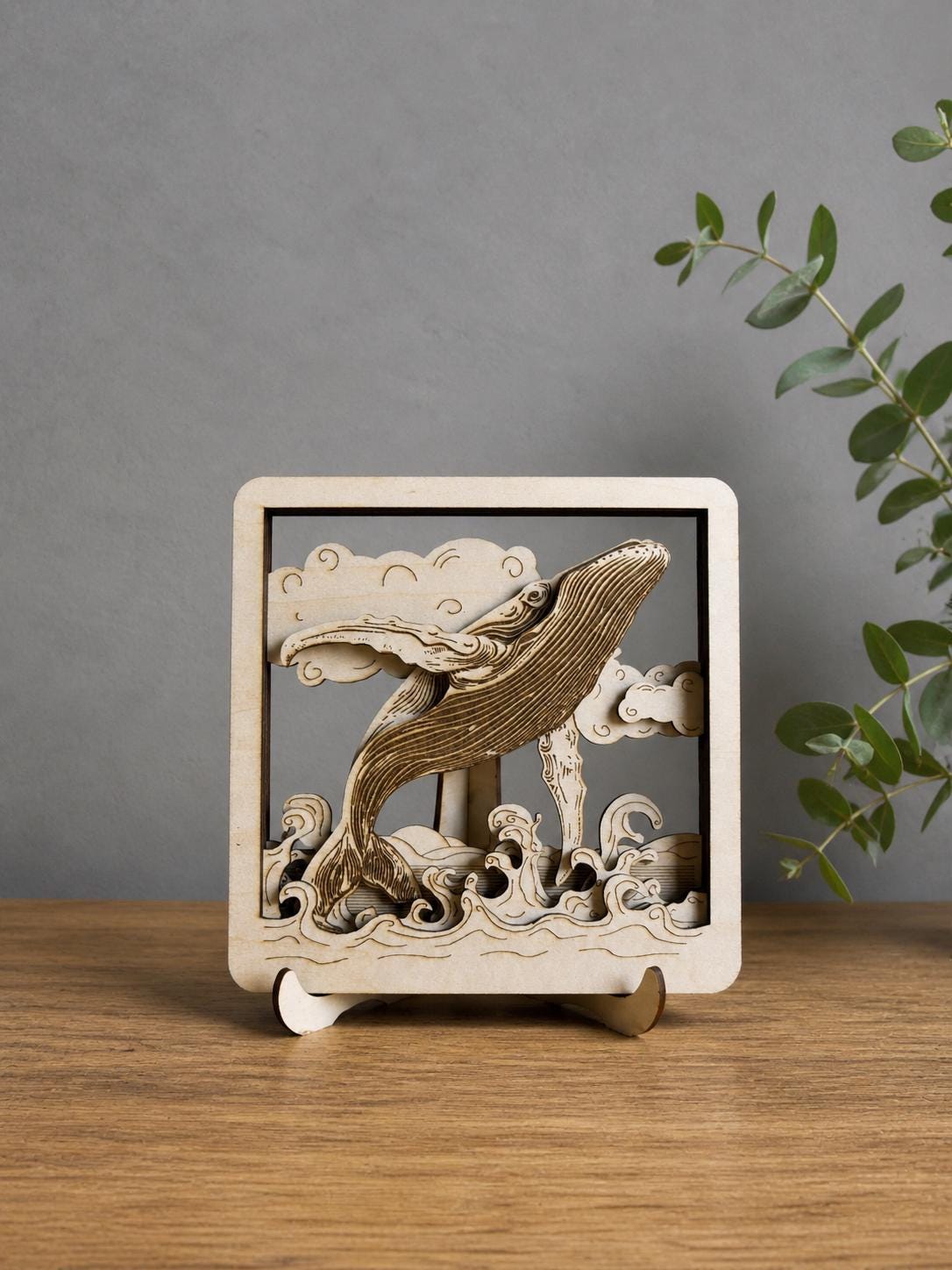 Humpback Whale Wooden Art – 3D Layered Ocean Scene
