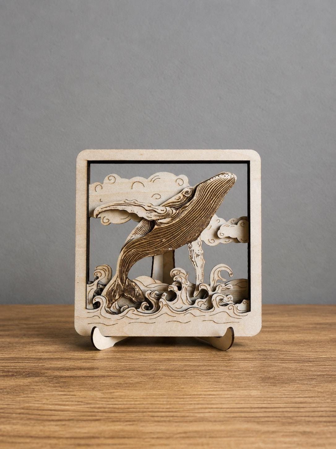 Humpback Whale Wooden Art – 3D Layered Ocean Scene
